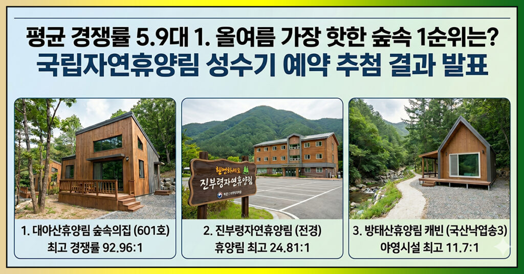 2026 국립자연휴양림 성수기 추첨 결과 대야산 진부령 경쟁률 안내 이미지