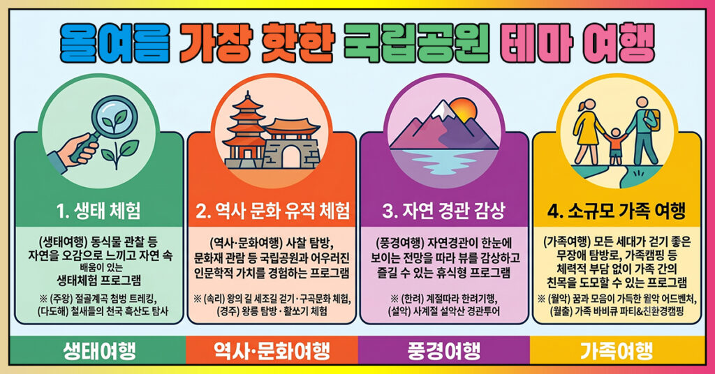 올여름 국립공원 테마 여행 4가지 생태여행 역사문화여행 풍경여행 가족여행 프로그램 안내 인포그래픽