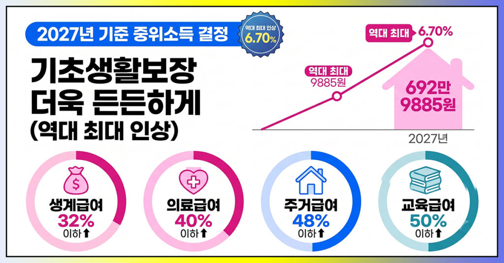 2027년 기준 중위소득 6.70% 인상 생계급여 가구별 지원금액 안내