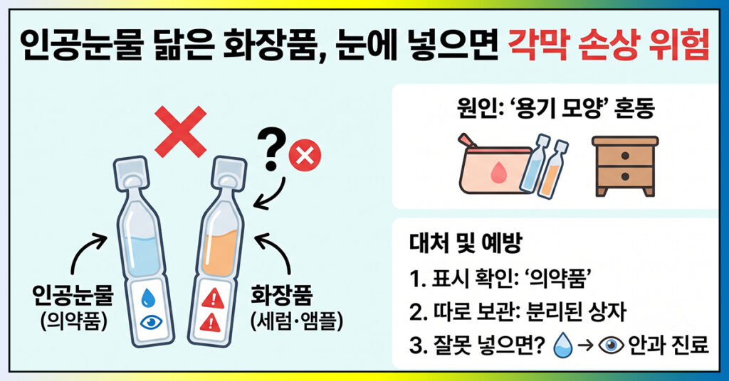 일회용 인공눈물과 유사한 형태의 앰플 세럼 화장품 용기 비교